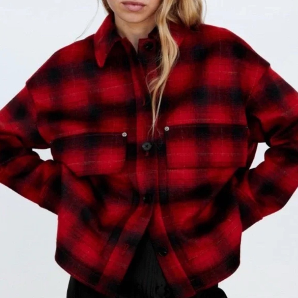 NWOT ZARA Wool Blend Plaid Overshirt Red & Black Plaid in S
